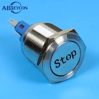 ABBEYCON mygtuką perjungti Latching 22mm metalo plokščias apvalus vandeniui žodžius, graviravimas sustabdyti IP67 mygtukas jungiklis
