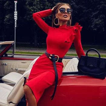Ailigou 2020 Naujas Mados Pynimas Dizaino Sexy Raudona Juoda Ilgomis Rankovėmis Liesas Įžymybė Šalies Klubas Tvarstis Kelio Ilgio Suknelė Vestidos