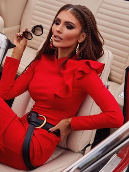 Ailigou 2020 Naujas Mados Pynimas Dizaino Sexy Raudona Juoda Ilgomis Rankovėmis Liesas Įžymybė Šalies Klubas Tvarstis Kelio Ilgio Suknelė Vestidos
