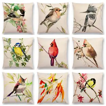 Akvarelė Mielas Paukščių Robin Zylė Amadinai Hummingbird Goldfinch Chickadee Kardinolas Tulžys Graži Pagalvėlė Padengti Pagalvės Užvalkalą
