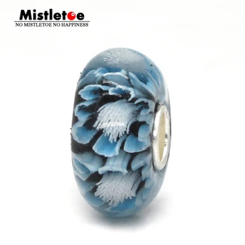 Amalas Papuošalus 925 Sterlingas Sidabro Didelė Anga Šviesiai Mėlyna 3D Gėlės Murano Stiklo Žavesio Granulės, Tinkami Europos Apyrankė