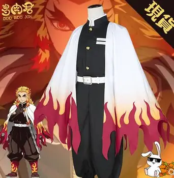 Anime Demon Slayer: Kimetsu nr. Yaiba Rengoku Kyoujurou Vyrų Cosplay Perukas Kostiumas Viršuje + Kelnės + Diržas + Apsiaustu