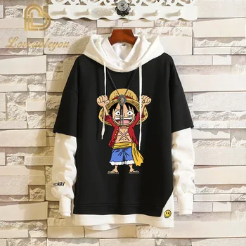 Anime One Piece Luffy Ace Sportiniai Megztiniai Viršų Netikrą Dviejų Dalių Cosplay Kostiumai Hoodie Moterų Vyrų