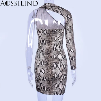 AOSSILIND Snakeskin spausdinimo vieną petį seksuali mini suknelė 2019 m. pavasarį, vasarą moterys backless ilgomis rankovėmis klubas šalies trumpos suknelės