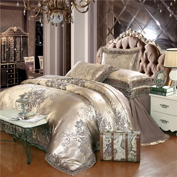 Auksas, sidabras kavos žakardo prabangus patalynės komplektas karalienė/karalius dydžio dėmė lova nustatyti 4pcs medvilnės, šilko, nėrinių antklode padengti paklode sets50