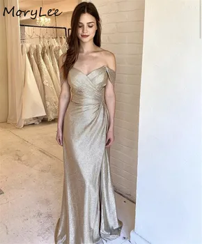 Aukso Bridesmaid Dresses V-Kaklo-Line Grindų Ilgis Valymo Traukinio Pusėje, Ritininės Klostuotas Satino Vestuves Bridemaid Suknelės