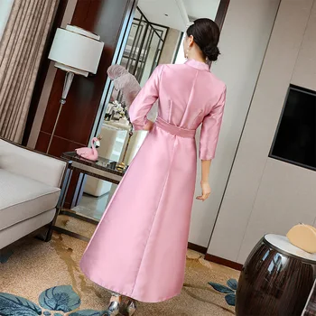 Aukščiausios Kokybės Visiškai Naujas Kinų Suknelė 2020 M. Rudens Žiemos Stiliaus Moterų V-Kaklo Prabangus Siuvinėjimo Raudona Rožinė Ilga Vintage Suknelė, Diržas,