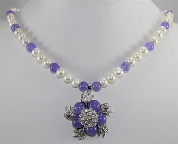 Balta Originali Gėlavandenių perlų violetinė Jade karoliai 18inches+pakabukas gėlė