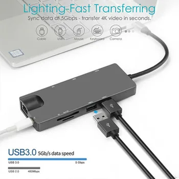 Basix C Tipo Hub USB 3.0 HDMI 4K PD VGA, RJ45 LAN TF Kortelės, 3.5 mm Jack Adapteris Docking Station 