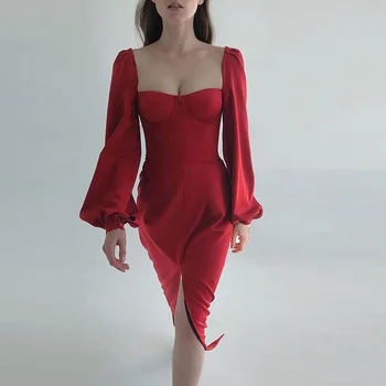 Beyouare Seksualus Aikštėje Apykaklės Žibintų Ilgomis Rankovėmis Padalinti Atidaryti Šakutės Kelio Ilgis Moterų Suknelė Rudenį 2020 Liesas Mados Šalis Suknelės