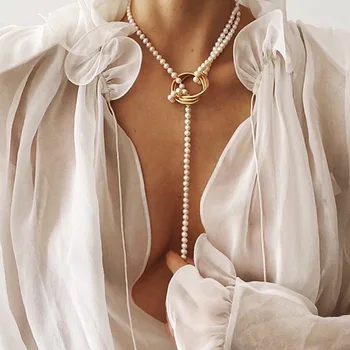 Bohemijos Imituojamas Pearl Wrap Geometrinis Metalo Karoliai Ilgi Perlų, Portretinės Monetos Kaklo Papuošalai Moterims, Vestuves Dovana