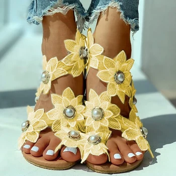 Bohemijos Sandalai Moterims Vasaros Avalynės Mados Atsitiktinis Gėlių Pearl Butas Sandalai Tne Žiedas Paplūdimio Bateliai, Avalynė Zapatos De Mujer