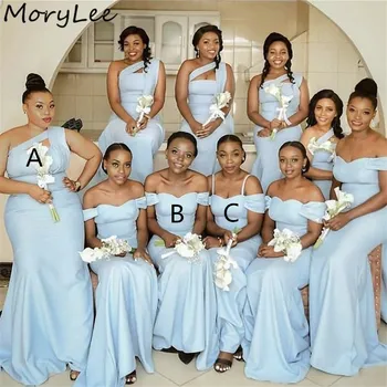 Bridesmaid Dresses Afrikos Stilius Kūdikis Mėlyna Rankovių Undinė Bridesmaid Dresses Su Užtrauktuku Atgal Vestuvės Suknelės