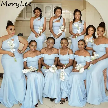 Bridesmaid Dresses Afrikos Stilius Kūdikis Mėlyna Rankovių Undinė Bridesmaid Dresses Su Užtrauktuku Atgal Vestuvės Suknelės