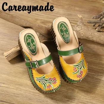 Careaymade-Folk stiliaus Vadovas sluoksnis gryno karvės odos, rankų darbo, Išraižytas batai, retro meno mori mergina batai,moteriški laisvalaikio Sandalai 1908-6
