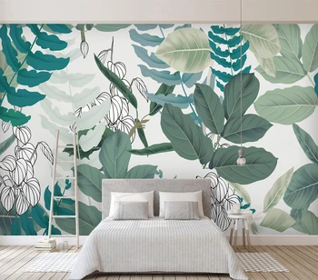 Dekoratyvinės tapetų Paprastų nedidelių šviežių žalių lapų akvarelė gėlių stilius sienos fone
