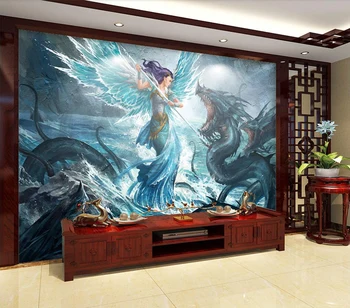 Dekoratyvinės tapetų Rankomis dažyti angel mūšio dragon fone sienų tapyba