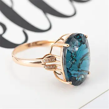 Didelis klasikinio ovalo formos mėlynos spalvos kristalų topazas safyras brangakmenių, deimantų žiedai moterims 14k rose aukso spalvos papuošalai bijoux šalis dovanos