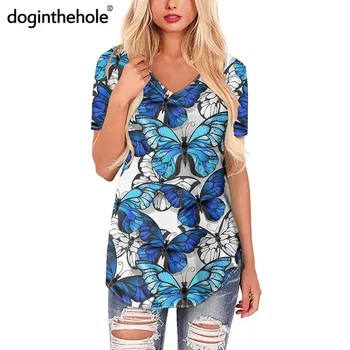 Doginthehole Gražus Mėlynas Drugelis Modelio Moterų Mados V-Kaklo 2020 Naują Atsitiktinis Palaidų Viršūnes Moterų Trumpomis Rankovėmis T-Shirt