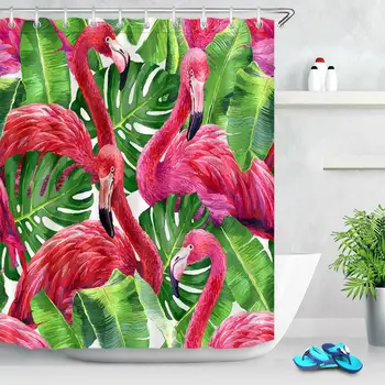 Egzotiškas atogrąžų Lapų Dušo Užuolaidos Raudona Flamingo Audinio Vonios Užuolaidos Rinkinys su Kabliais, Neprinokusių Bananų, Palmių Lapai Vonios kambarys Dekoro