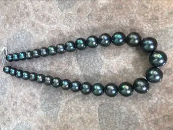 Elegantiškas 13-15mm tahitian turas juoda žalia perlų vėrinį 18inch 925s kkk
