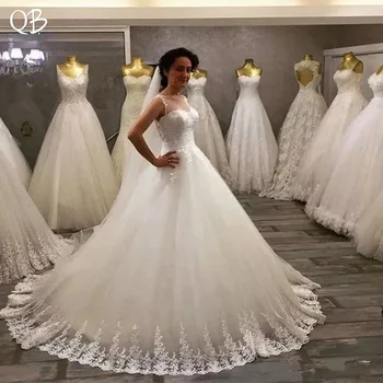 Elegantiškas Vestuvių Suknelės 2019 Naujas-line Grindų Ilgis Nėrinių Appliques Oficialų Vestuvinės Suknelės pagal Užsakymą Pagaminti ZD34