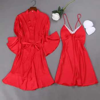 Fdfklak 2020 metų VASAROS Nauji moteriški Chalatai Nustatyti Šilko Skraiste Naktį Suknelė Dviejų dalių Kostiumas Rausvos spalvos, Seksualus naktiniai drabužiai Sleepwear Rinkinys