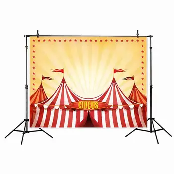 Funnytree fotografijos backdrops Cirko animacinių filmų raudonos ir baltos palapinės geltonos spalvos vasaros dangaus rėmo photocall fotografijos studijoje lėšų