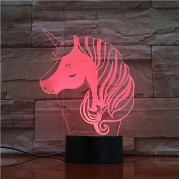 Gyvūnų Arklių Vienaragis Ponis Galvos 3D Lempos Iliuzija Vaikų Nakties Šviesos diodų (LED) Lemputę, Spalvotų Dovana Vaikui Žaislas AA Baterijos Touch Bazės