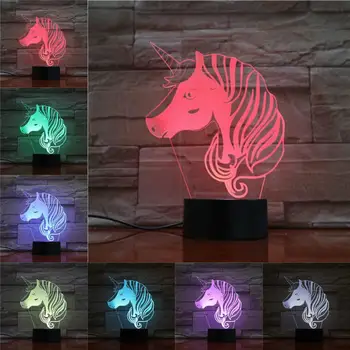 Gyvūnų Arklių Vienaragis Ponis Galvos 3D Lempos Iliuzija Vaikų Nakties Šviesos diodų (LED) Lemputę, Spalvotų Dovana Vaikui Žaislas AA Baterijos Touch Bazės