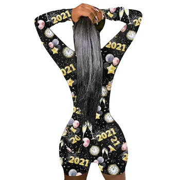 HAOOHU 2021 Seksualių Moterų V-kaklo Bodycon Sleepwear Jumpsuit Mygtuką Bodysuit Šortai Romper Leotard Spausdinti ilgomis Rankovėmis Bodysuit