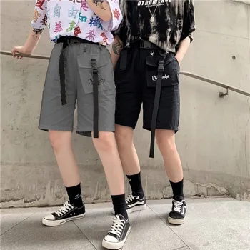 Harajuku 2020 m. Derliaus didelis kišenėje Laišką siuvinėjimo aukšto juosmens krovinių šortai atsitiktinis diržas, kelio ilgio kelnės moterims vasaros streetwear