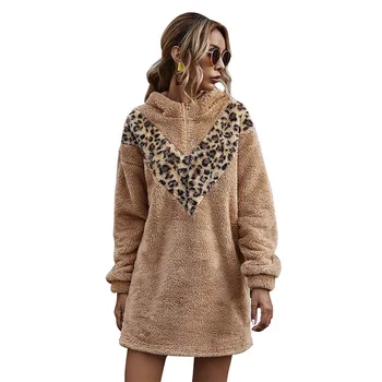 High Street Naujų Rudens palaidinukė Suknelė moterų Žiemos vientisos Spalvos Skydas Furry Sweatshir Leopard Megztinis mini Suknelė moterims drabužių