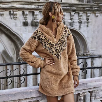 High Street Naujų Rudens palaidinukė Suknelė moterų Žiemos vientisos Spalvos Skydas Furry Sweatshir Leopard Megztinis mini Suknelė moterims drabužių