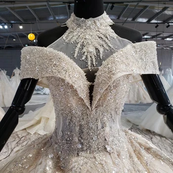 HTL1082 kamuolys suknelė vestuvių suknelė, prabangūs krištolo aukšto kaklo išjungti petį nuotakos suknelė suknelė plius dydis patinę tiktok weddind suknelė