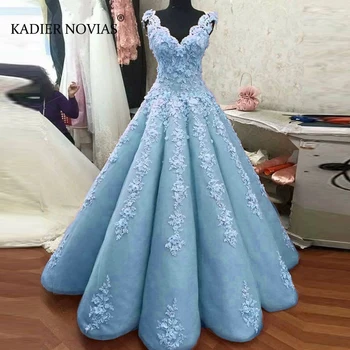 Ilga Mėlyna Kamuolys Suknelė Arabų Vestuvių Suknelė 2021 V Kaklo Vestidos De Novia 2020 Corte Princesa