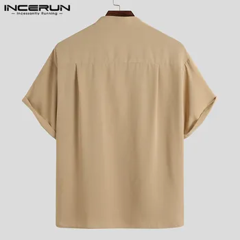 INCERUN Retro Kvėpuojantis Marškinėliai Mens vientisos Spalvos Marškinėliai trumpomis Rankovėmis V-Kaklo Derliaus Palaidinė Vyras korėjos Stilius Laisvas Camisa S-5XL