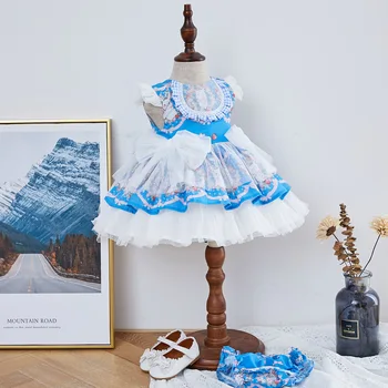 Ispanijos Mėlynos Suknelės Mergaitėms, vaikams, Spausdinami Triušis Kamuolys Chalatai Kūdikių Turkija Derliaus Princesė Dress Vaikų Boutique Drabužių