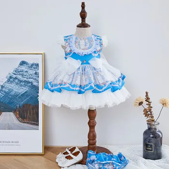 Ispanijos Mėlynos Suknelės Mergaitėms, vaikams, Spausdinami Triušis Kamuolys Chalatai Kūdikių Turkija Derliaus Princesė Dress Vaikų Boutique Drabužių