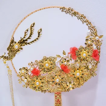 JaneVini Prabanga Kinų Stiliaus Aukso Vestuvinius Ventiliatorius Puokštė Perlai Golden Phoenix Ilgai Kutas Metalo Turas Vertus, Ventiliatorius Vestuvių Priedai
