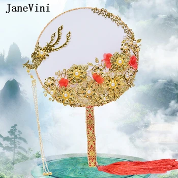 JaneVini Prabanga Kinų Stiliaus Aukso Vestuvinius Ventiliatorius Puokštė Perlai Golden Phoenix Ilgai Kutas Metalo Turas Vertus, Ventiliatorius Vestuvių Priedai