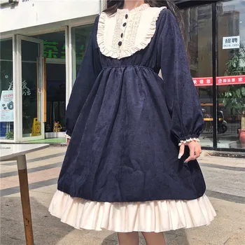 Japonijos Lolita Stiliaus Rudens Žiemos Moterų Suknelė Susiėmę Apykaklės Prarasti Gotikos Suknelė Mielas Kawaii Raukiniai Mielas Saldus Suknelė