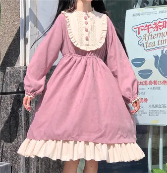 Japonijos Lolita Stiliaus Rudens Žiemos Moterų Suknelė Susiėmę Apykaklės Prarasti Gotikos Suknelė Mielas Kawaii Raukiniai Mielas Saldus Suknelė