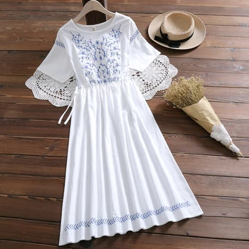 Japonijos Mori Mergina Vasaros Moterų Balta Suknelė Medvilnės Skalbiniai Atsitiktinis Palaidų Midi Suknelė Elegantiškas Gėlių Siuvinėjimas Derliaus Saldus Suknelė