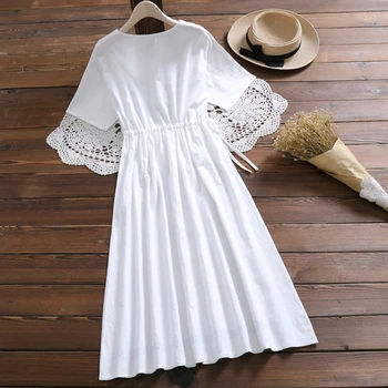 Japonijos Mori Mergina Vasaros Moterų Balta Suknelė Medvilnės Skalbiniai Atsitiktinis Palaidų Midi Suknelė Elegantiškas Gėlių Siuvinėjimas Derliaus Saldus Suknelė