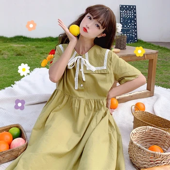 Japonų Jūreivis Apykaklės Slim-Ieško Senėjimo Vidutinio Ilgio Sijonas Moterų Vasaros trumparankoviai Nėriniai-up Studentų lolita Dress