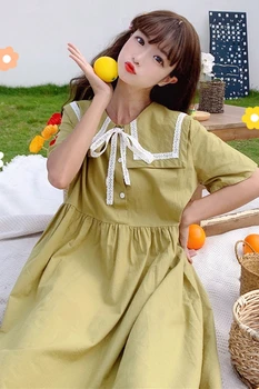Japonų Jūreivis Apykaklės Slim-Ieško Senėjimo Vidutinio Ilgio Sijonas Moterų Vasaros trumparankoviai Nėriniai-up Studentų lolita Dress