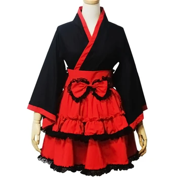 Japonų Klasika Saldus Lolita Suknelė Juoda ir Raudona Kimono Kambarinės Apranga Cosplay Kostiumas
