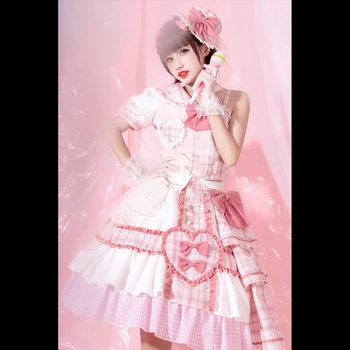 Japonų Stiliaus Viktorijos Saldus Lolita Jsk Suknelė Kasdien Vasaros Kawaii Animacinių Filmų Spausdinti Rankovių Suknelės Diržas Pasakų Cosplay Kostiumas