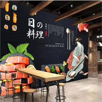 Japonų Virtuvė, Suši Lašišos Maitinimo Juodas Fonas Sienų Tapetai Sienos 3D Asmeninį Restoranas Sienos Popieriaus 3D